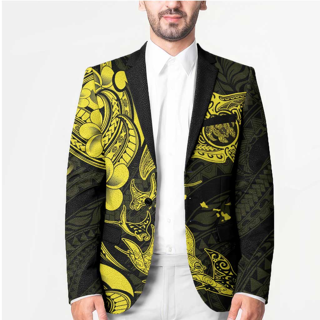 Hawaiian Manta Rays Blazer Tribal Hibiscus Polynesian Tattoos Yellow Color - Polynesian Pride