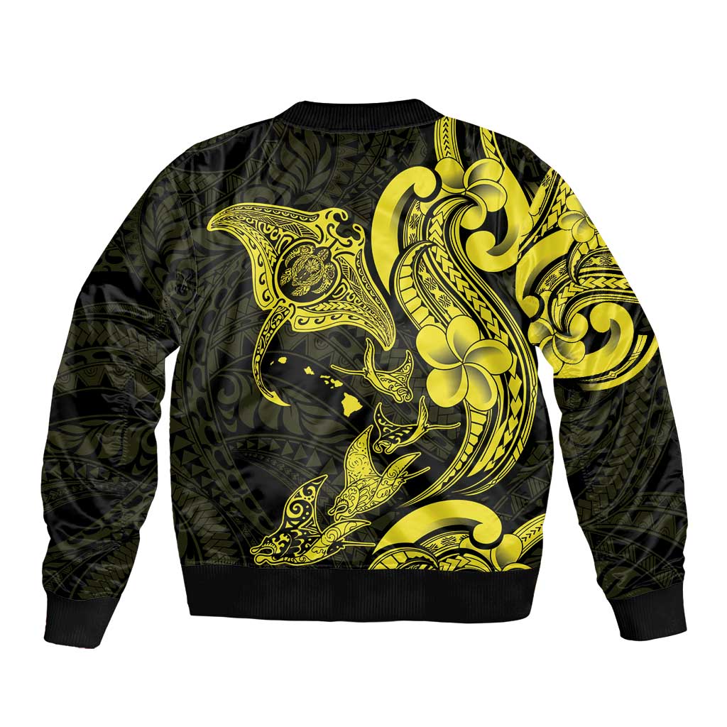 Hawaiian Manta Rays Bomber Jacket Tribal Hibiscus Polynesian Tattoos Yellow Color - Polynesian Pride