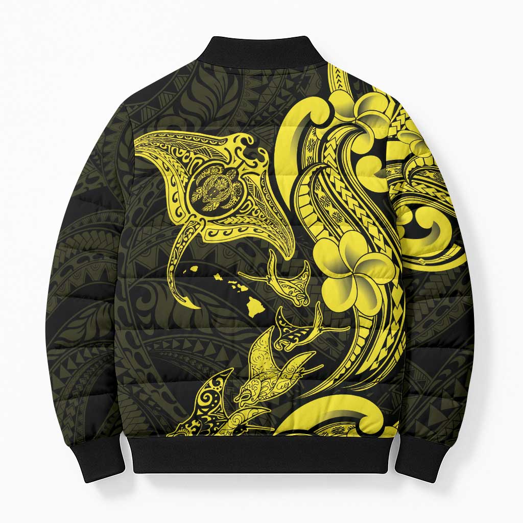 Hawaiian Manta Rays Bomber Puffer Jacket Tribal Hibiscus Polynesian Tattoos Yellow Color - Polynesian Pride
