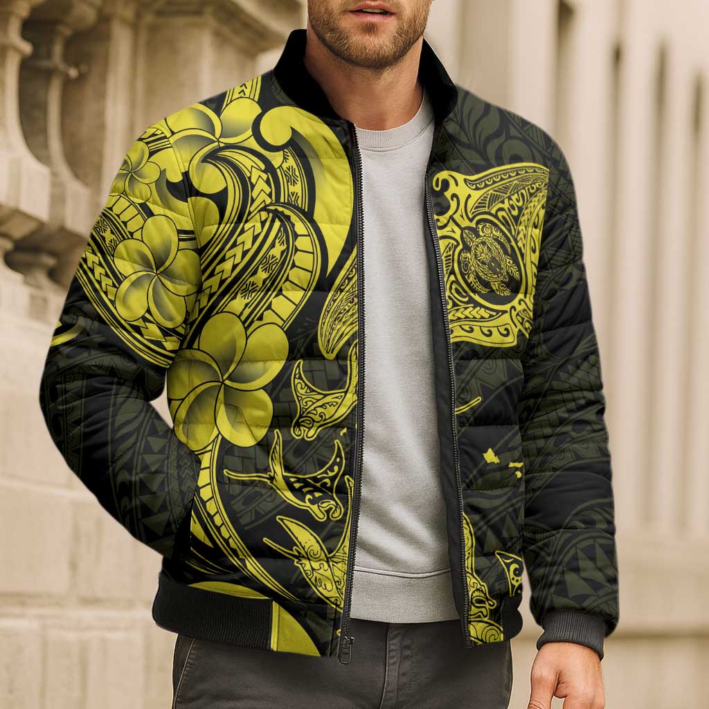 Hawaiian Manta Rays Bomber Puffer Jacket Tribal Hibiscus Polynesian Tattoos Yellow Color - Polynesian Pride
