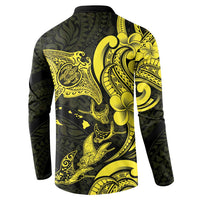 Hawaiian Manta Rays Button Sweatshirt Tribal Hibiscus Polynesian Tattoos Yellow Color - Polynesian Pride
