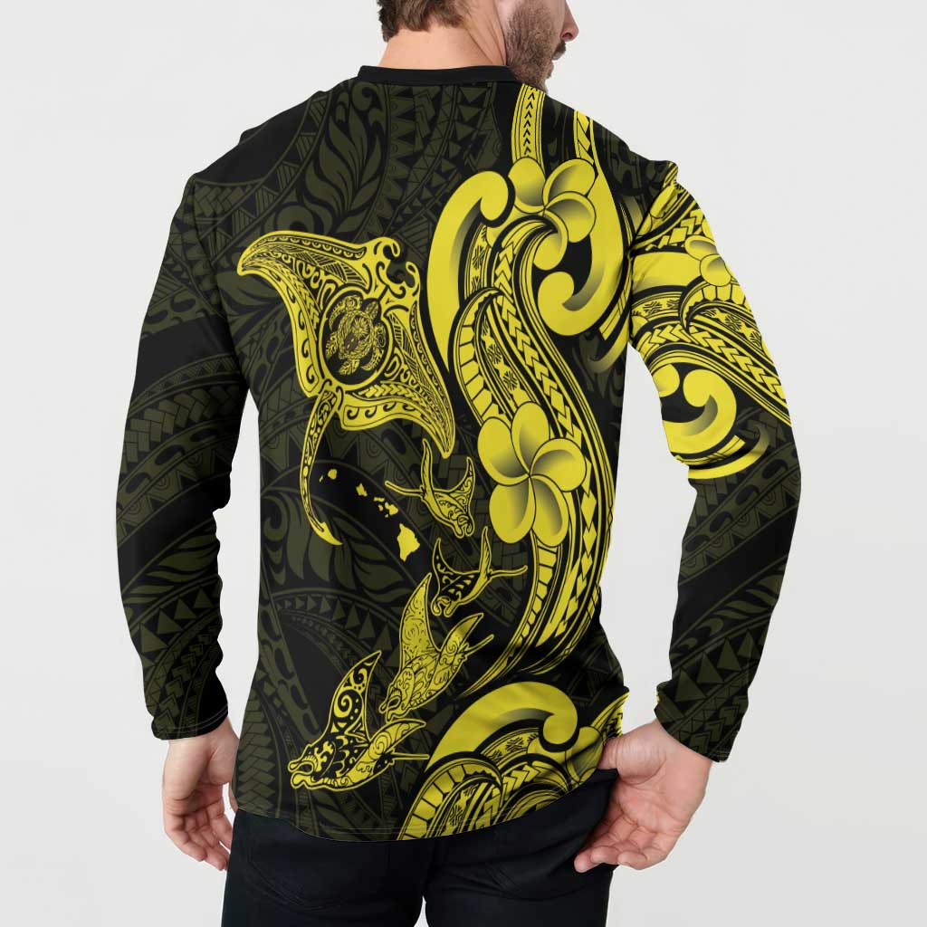 Hawaiian Manta Rays Button Sweatshirt Tribal Hibiscus Polynesian Tattoos Yellow Color - Polynesian Pride