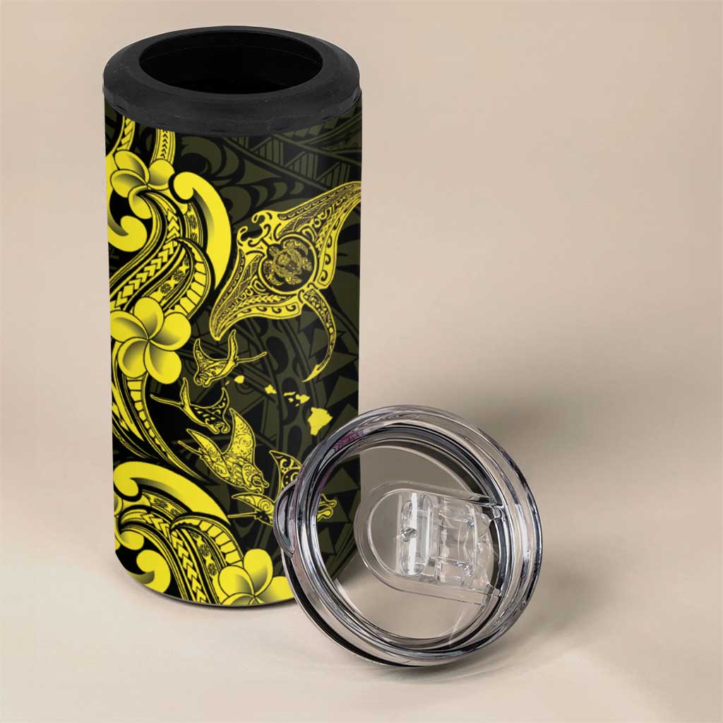 Hawaiian Manta Rays 4 in 1 Can Cooler Tumbler Tribal Hibiscus Polynesian Tattoos Yellow Color - Polynesian Pride