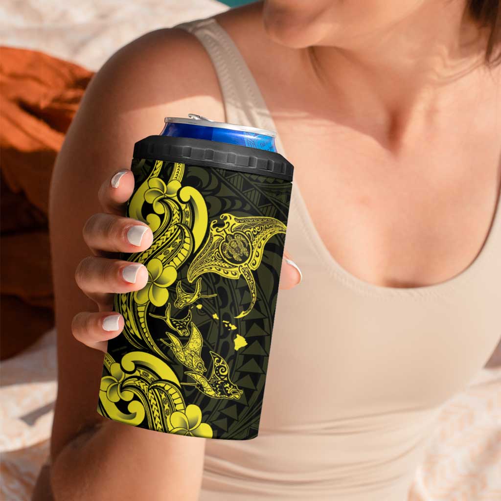 Hawaiian Manta Rays 4 in 1 Can Cooler Tumbler Tribal Hibiscus Polynesian Tattoos Yellow Color - Polynesian Pride
