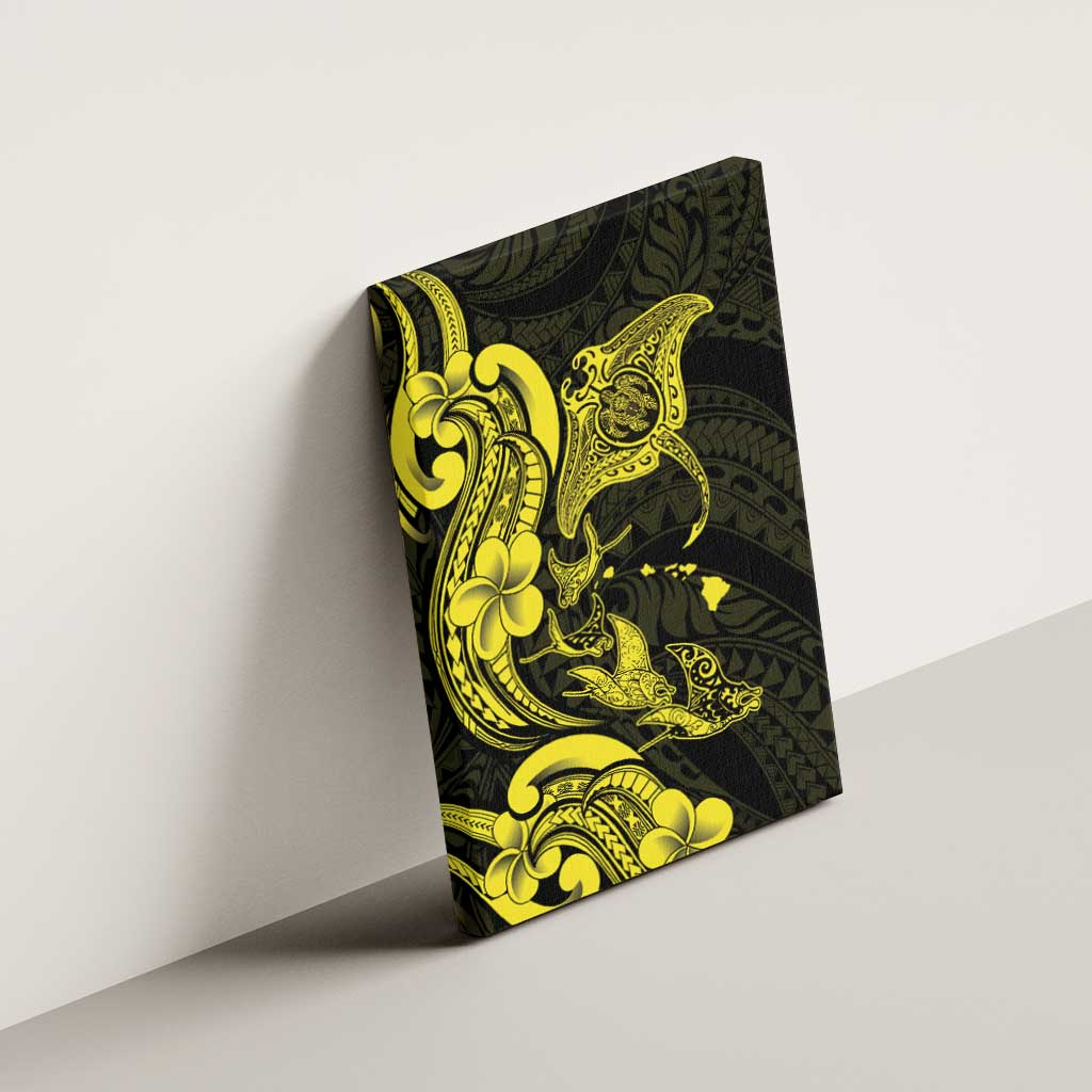 Hawaiian Manta Rays Canvas Wall Art Tribal Hibiscus Polynesian Tattoos Yellow Color - Polynesian Pride