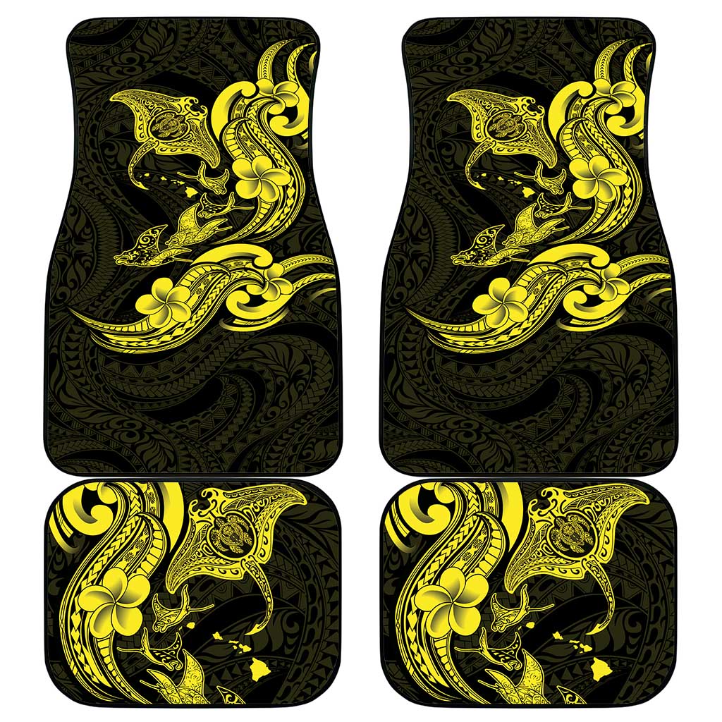 Hawaiian Manta Rays Car Mats Tribal Hibiscus Polynesian Tattoos Yellow Color - Polynesian Pride