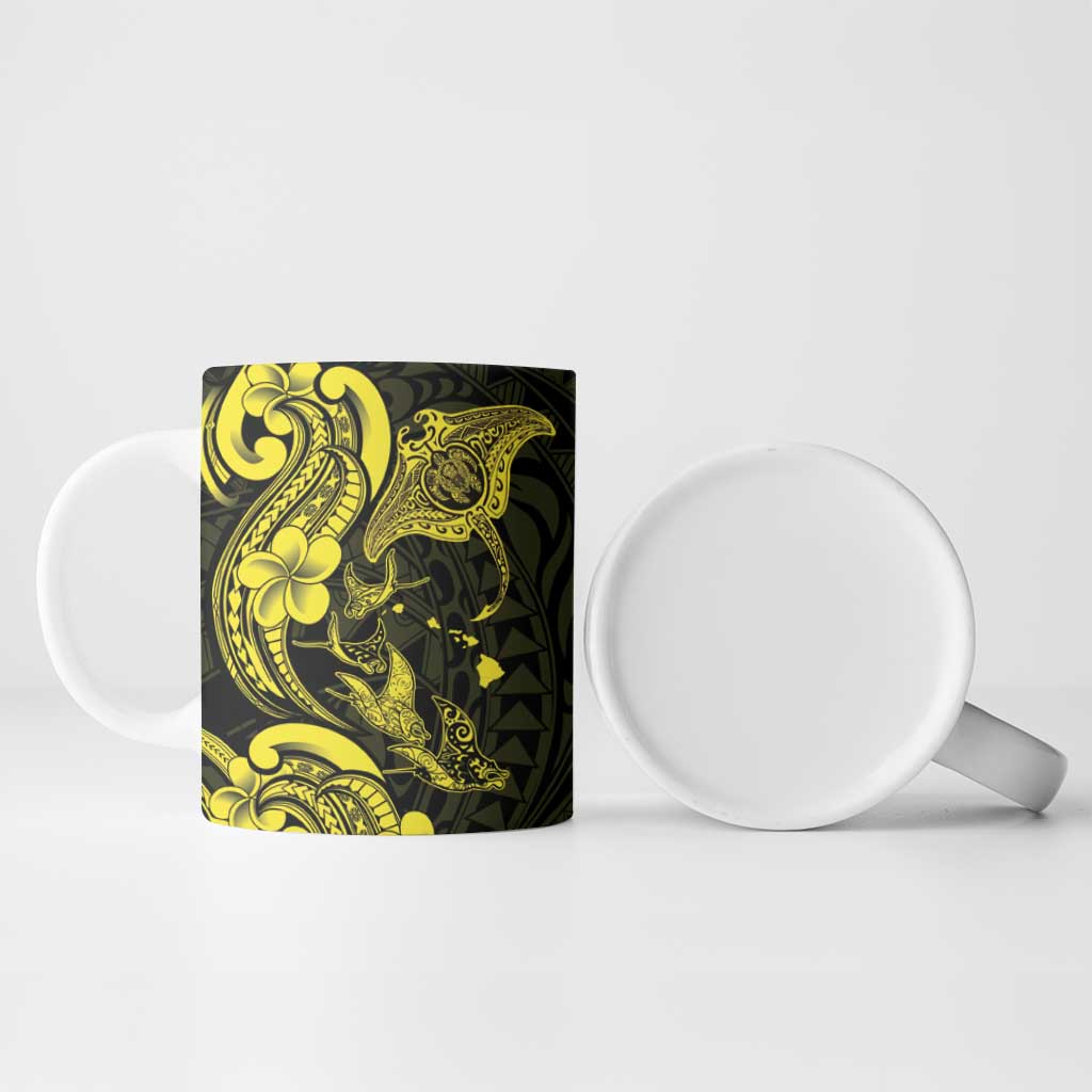 Hawaiian Manta Rays Ceramic Mug Tribal Hibiscus Polynesian Tattoos Yellow Color - Polynesian Pride