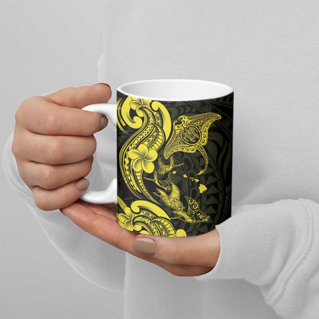 Hawaiian Manta Rays Ceramic Mug Tribal Hibiscus Polynesian Tattoos Yellow Color - Polynesian Pride