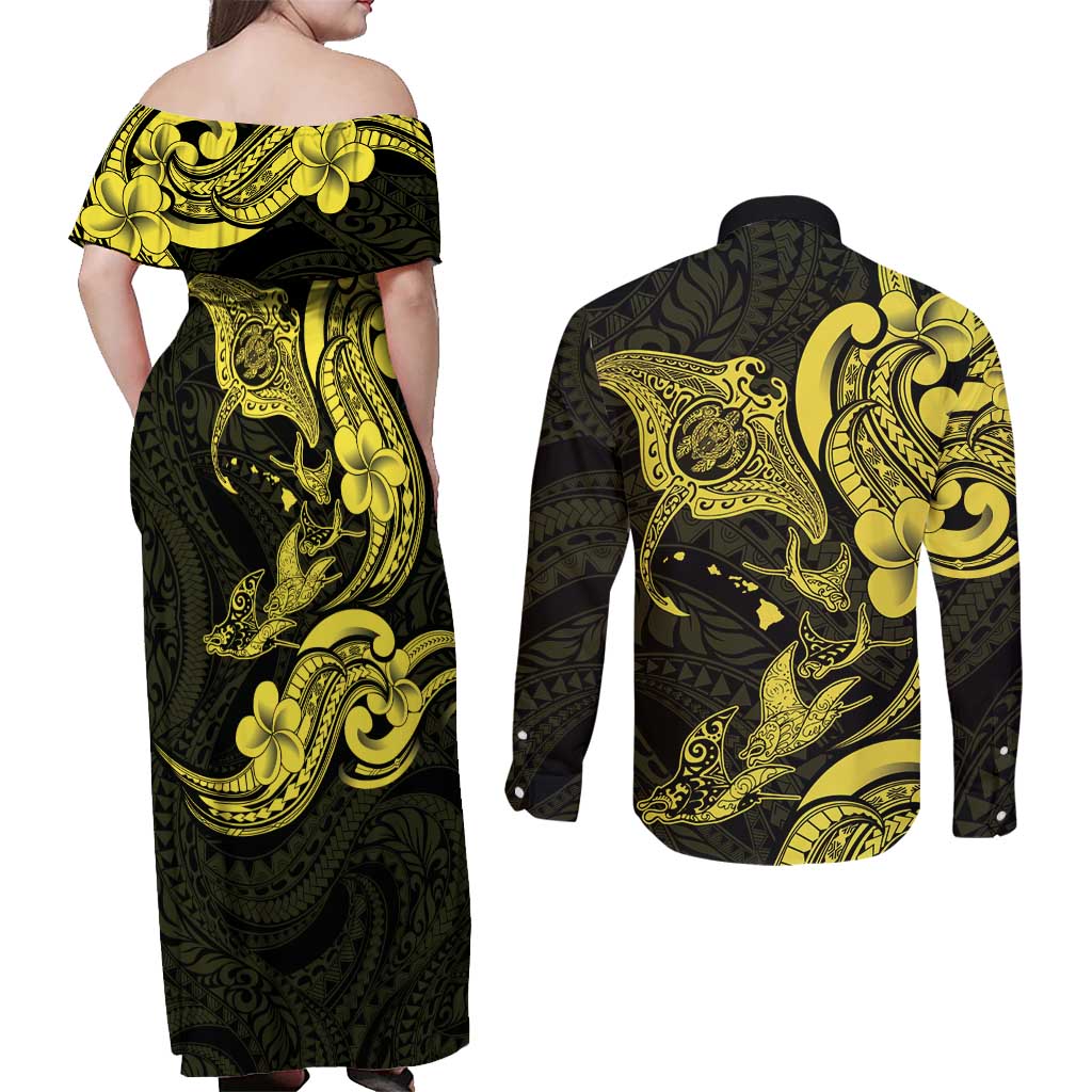 Hawaiian Manta Rays Couples Matching Off Shoulder Maxi Dress and Long Sleeve Button Shirt Tribal Hibiscus Polynesian Tattoos Yellow Color - Polynesian Pride