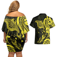 Hawaiian Manta Rays Couples Matching Off Shoulder Short Dress and Hawaiian Shirt Tribal Hibiscus Polynesian Tattoos Yellow Color - Polynesian Pride