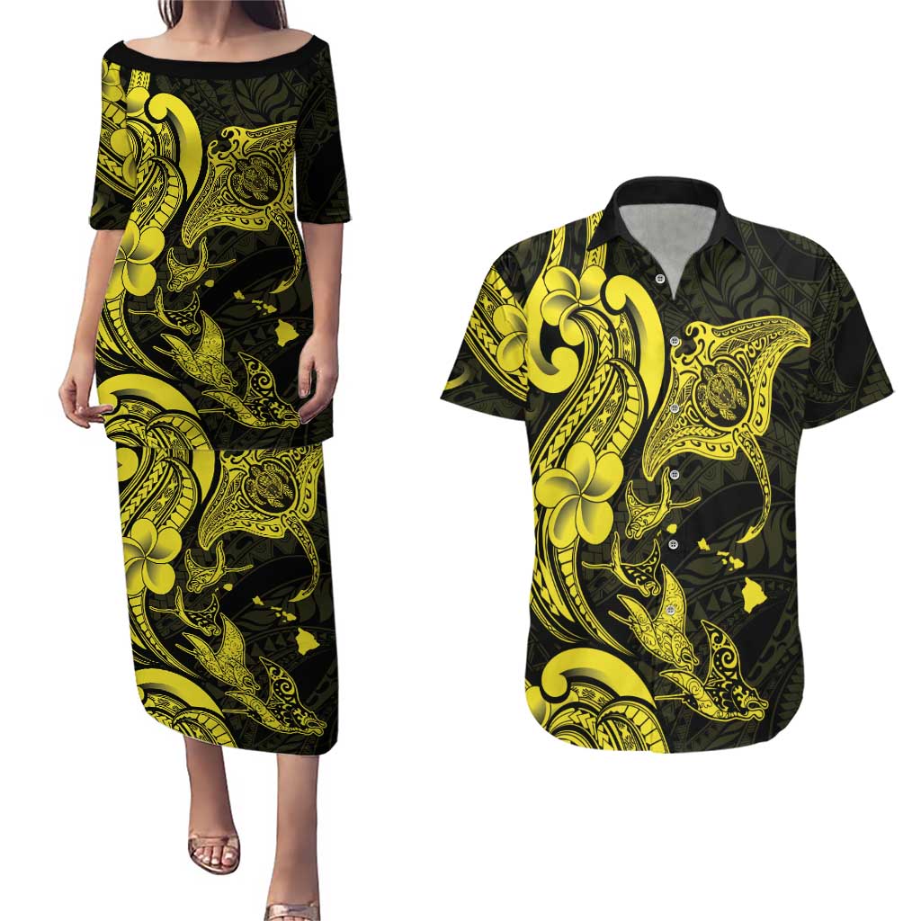 Hawaiian Manta Rays Couples Matching Puletasi and Hawaiian Shirt Tribal Hibiscus Polynesian Tattoos Yellow Color LT03 Yellow - Polynesian Pride