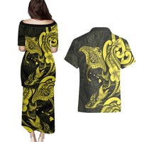 Hawaiian Manta Rays Couples Matching Puletasi and Hawaiian Shirt Tribal Hibiscus Polynesian Tattoos Yellow Color LT03 - Polynesian Pride