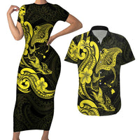 Hawaiian Manta Rays Couples Matching Short Sleeve Bodycon Dress and Hawaiian Shirt Tribal Hibiscus Polynesian Tattoos Yellow Color - Polynesian Pride