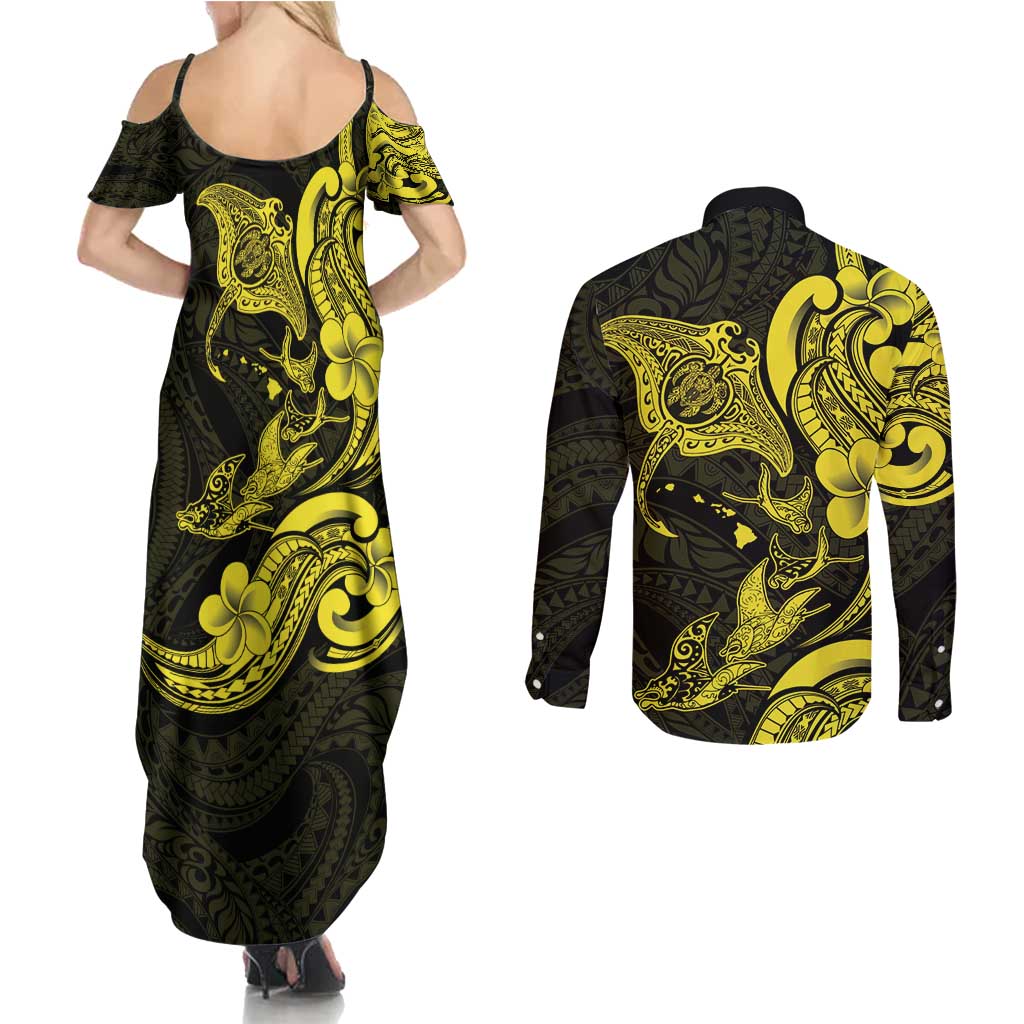 Hawaiian Manta Rays Couples Matching Summer Maxi Dress and Long Sleeve Button Shirt Tribal Hibiscus Polynesian Tattoos Yellow Color - Polynesian Pride