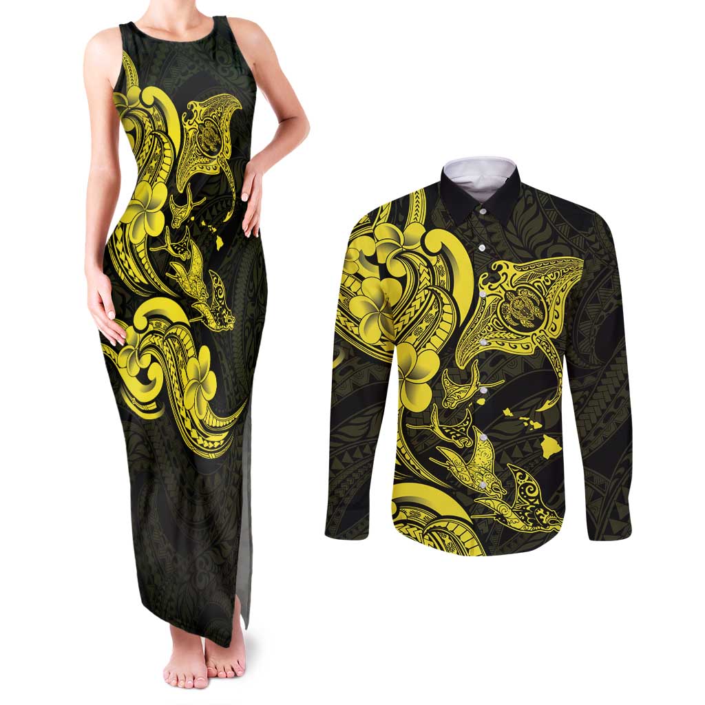 Hawaiian Manta Rays Couples Matching Tank Maxi Dress and Long Sleeve Button Shirt Tribal Hibiscus Polynesian Tattoos Yellow Color - Polynesian Pride