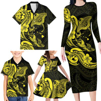 Hawaiian Manta Rays Family Matching Long Sleeve Bodycon Dress and Hawaiian Shirt Tribal Hibiscus Polynesian Tattoos Yellow Color - Polynesian Pride