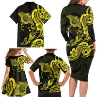 Hawaiian Manta Rays Family Matching Long Sleeve Bodycon Dress and Hawaiian Shirt Tribal Hibiscus Polynesian Tattoos Yellow Color - Polynesian Pride