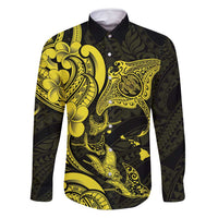 Hawaiian Manta Rays Family Matching Long Sleeve Bodycon Dress and Hawaiian Shirt Tribal Hibiscus Polynesian Tattoos Yellow Color - Polynesian Pride