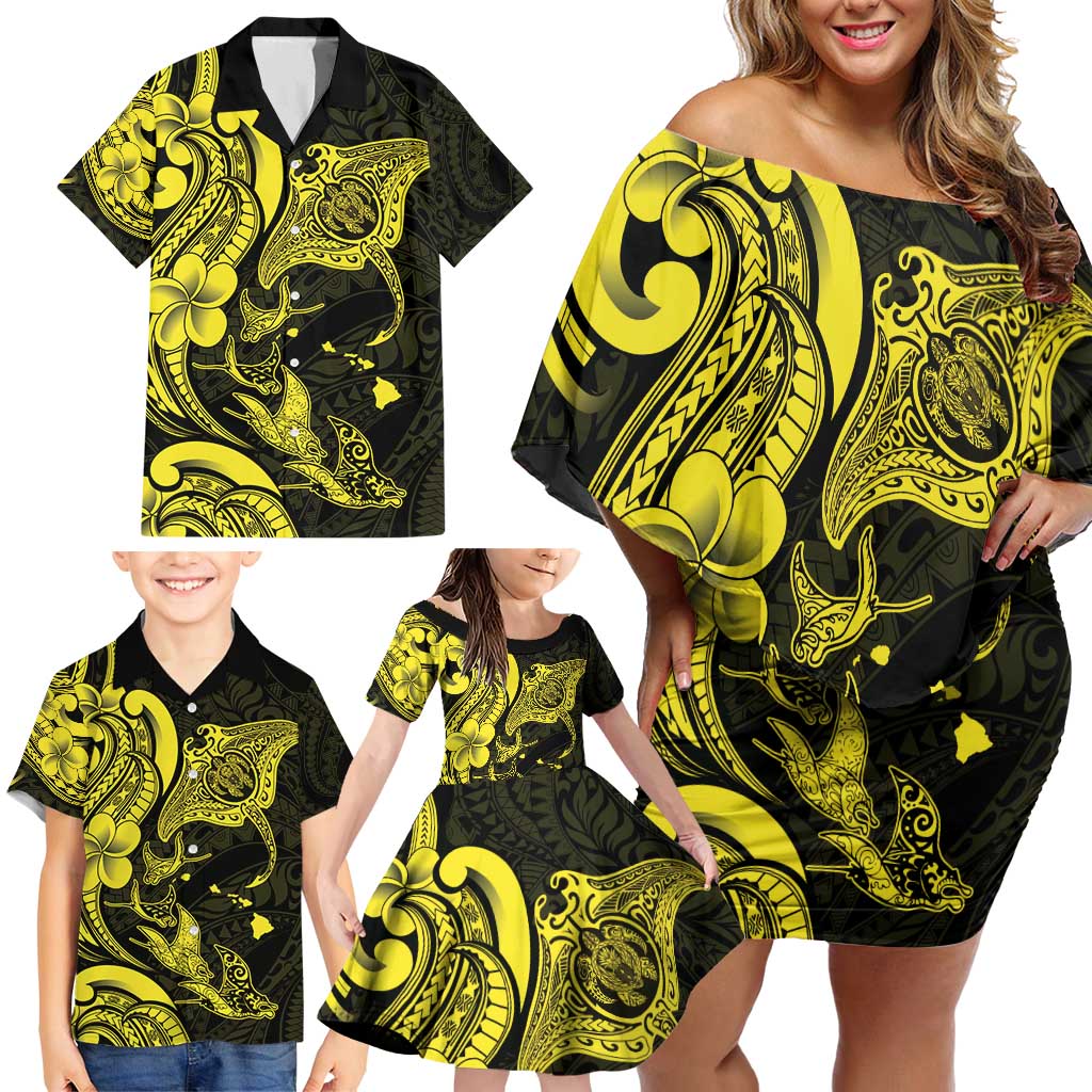 Hawaiian Manta Rays Family Matching Off Shoulder Short Dress and Hawaiian Shirt Tribal Hibiscus Polynesian Tattoos Yellow Color - Polynesian Pride
