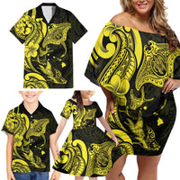Hawaiian Manta Rays Family Matching Off Shoulder Short Dress and Hawaiian Shirt Tribal Hibiscus Polynesian Tattoos Yellow Color - Polynesian Pride