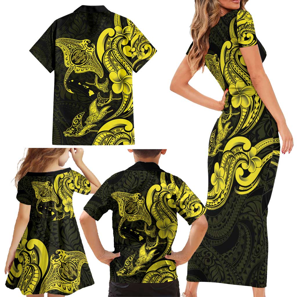 Hawaiian Manta Rays Family Matching Short Sleeve Bodycon Dress and Hawaiian Shirt Tribal Hibiscus Polynesian Tattoos Yellow Color - Polynesian Pride