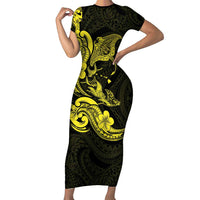 Hawaiian Manta Rays Family Matching Short Sleeve Bodycon Dress and Hawaiian Shirt Tribal Hibiscus Polynesian Tattoos Yellow Color - Polynesian Pride