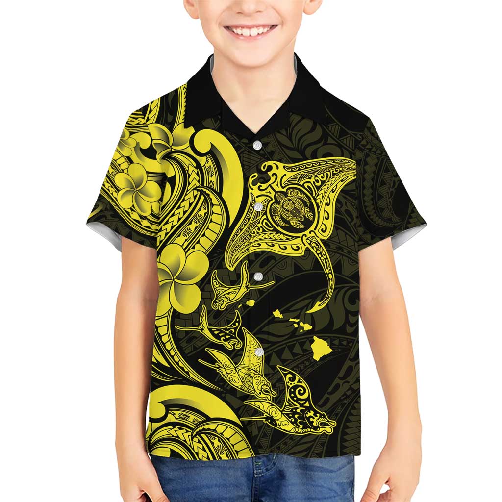 Hawaiian Manta Rays Family Matching Short Sleeve Bodycon Dress and Hawaiian Shirt Tribal Hibiscus Polynesian Tattoos Yellow Color - Polynesian Pride