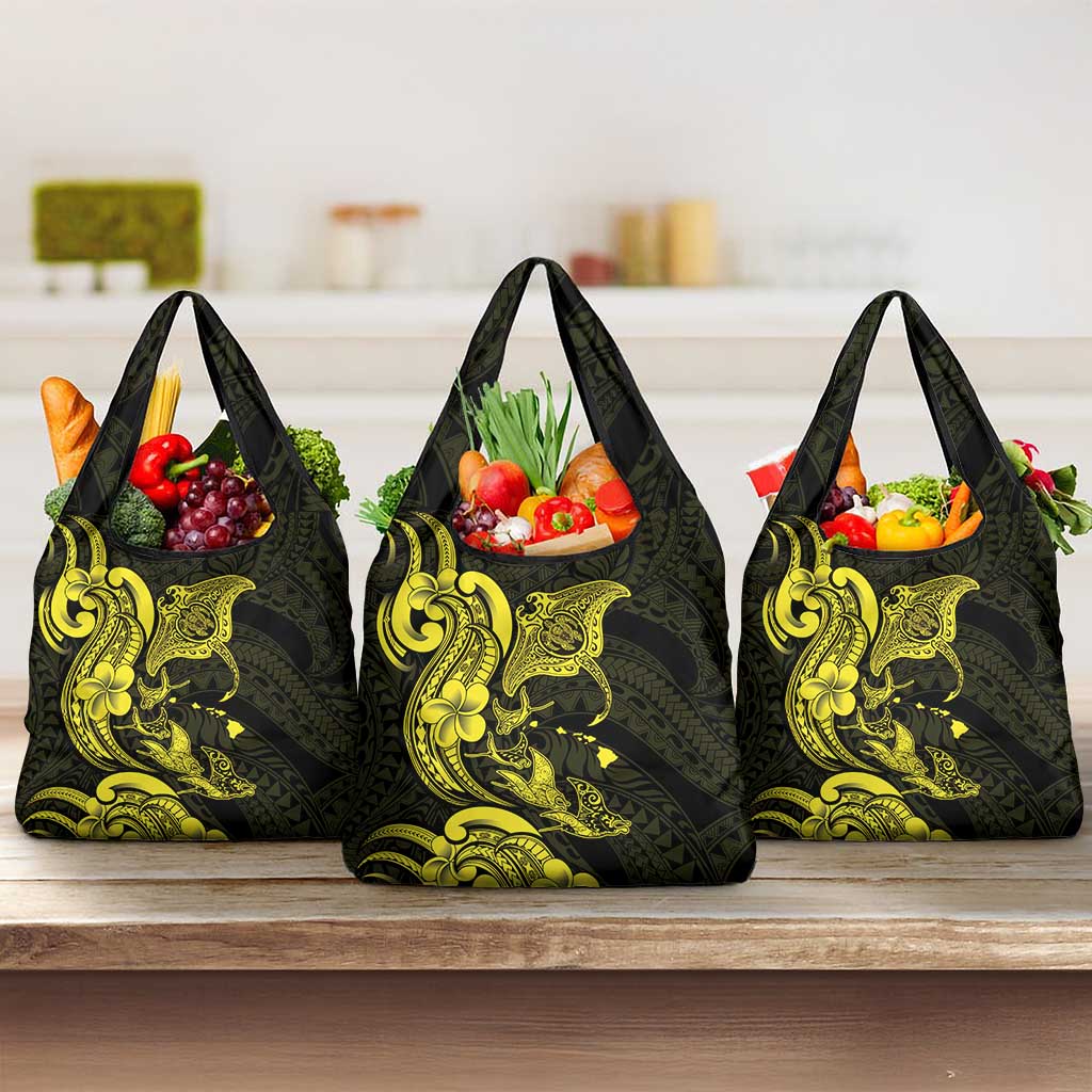 Hawaiian Manta Rays Grocery Bag Tribal Hibiscus Polynesian Tattoos Yellow Color - Polynesian Pride