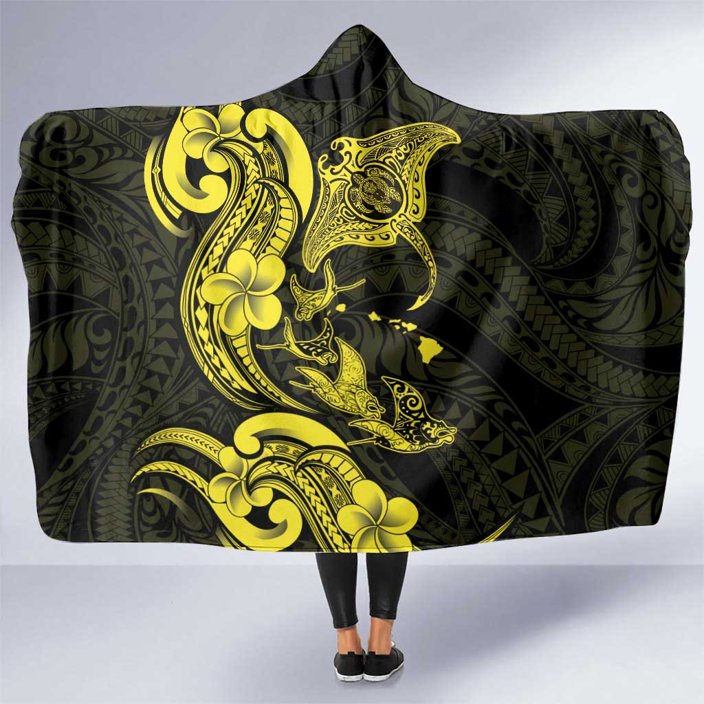 Hawaiian Manta Rays Hooded Blanket Tribal Hibiscus Polynesian Tattoos Yellow Color - Polynesian Pride
