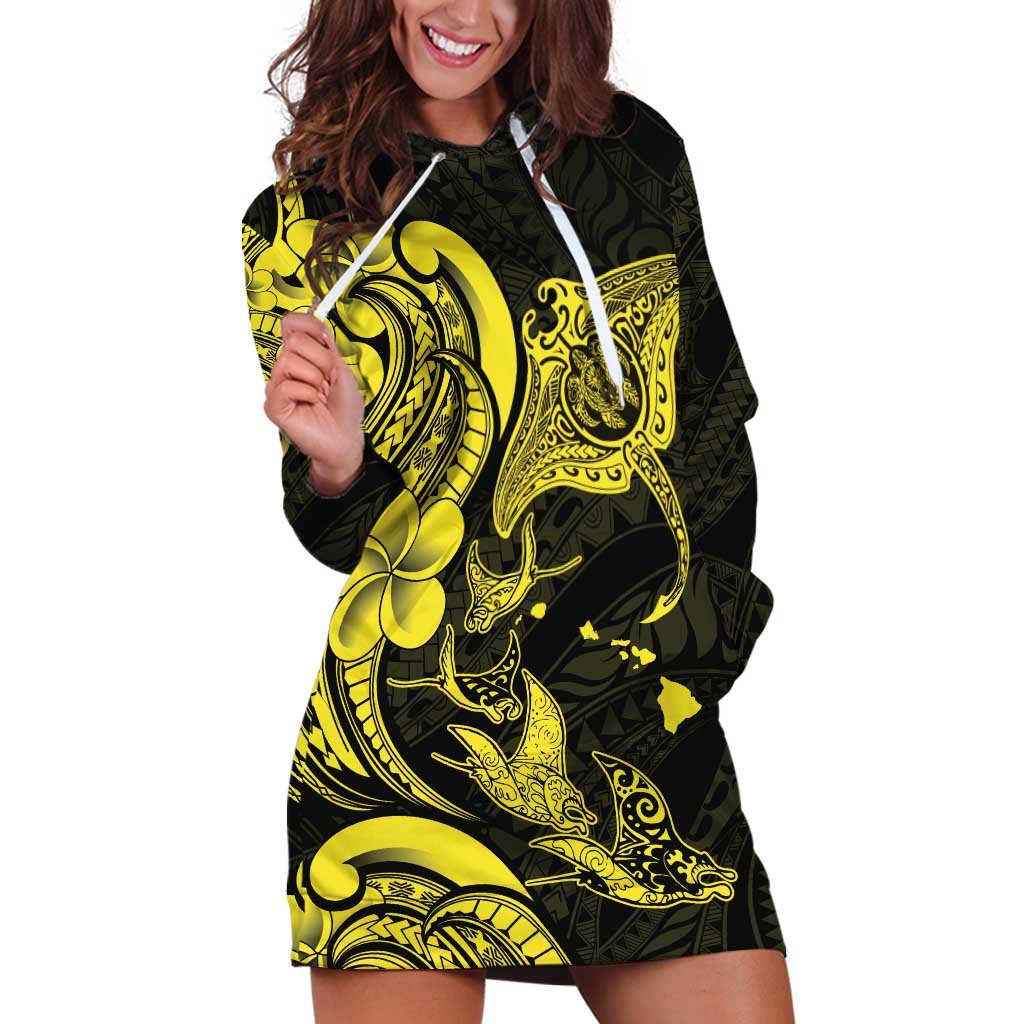 Hawaiian Manta Rays Hoodie Dress Tribal Hibiscus Polynesian Tattoos Yellow Color - Polynesian Pride