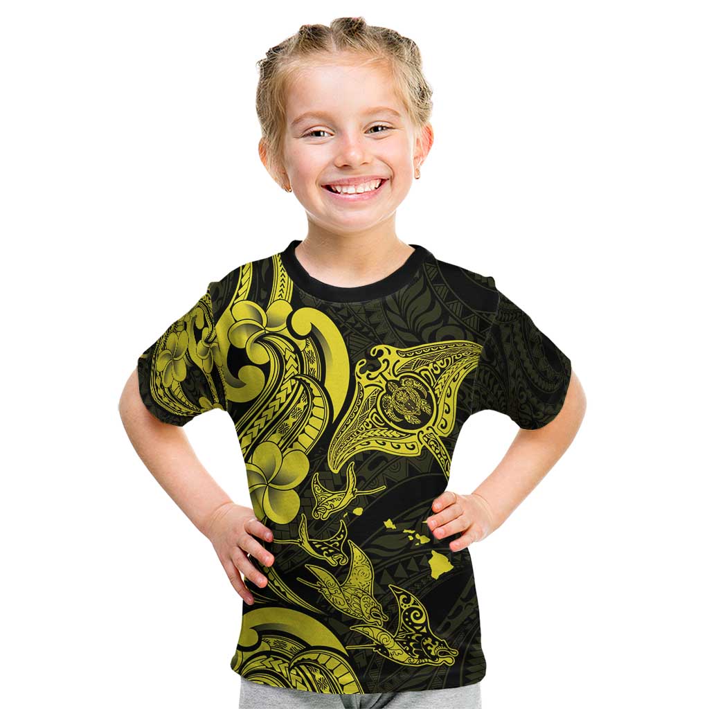 Hawaiian Manta Rays Kid T Shirt Tribal Hibiscus Polynesian Tattoos Yellow Color - Polynesian Pride