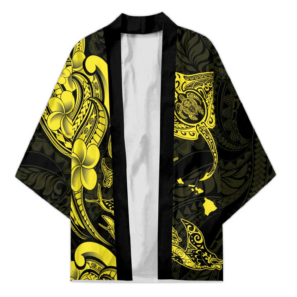 Hawaiian Manta Rays Kimono Tribal Hibiscus Polynesian Tattoos Yellow Color - Polynesian Pride