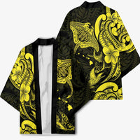 Hawaiian Manta Rays Kimono Tribal Hibiscus Polynesian Tattoos Yellow Color - Polynesian Pride