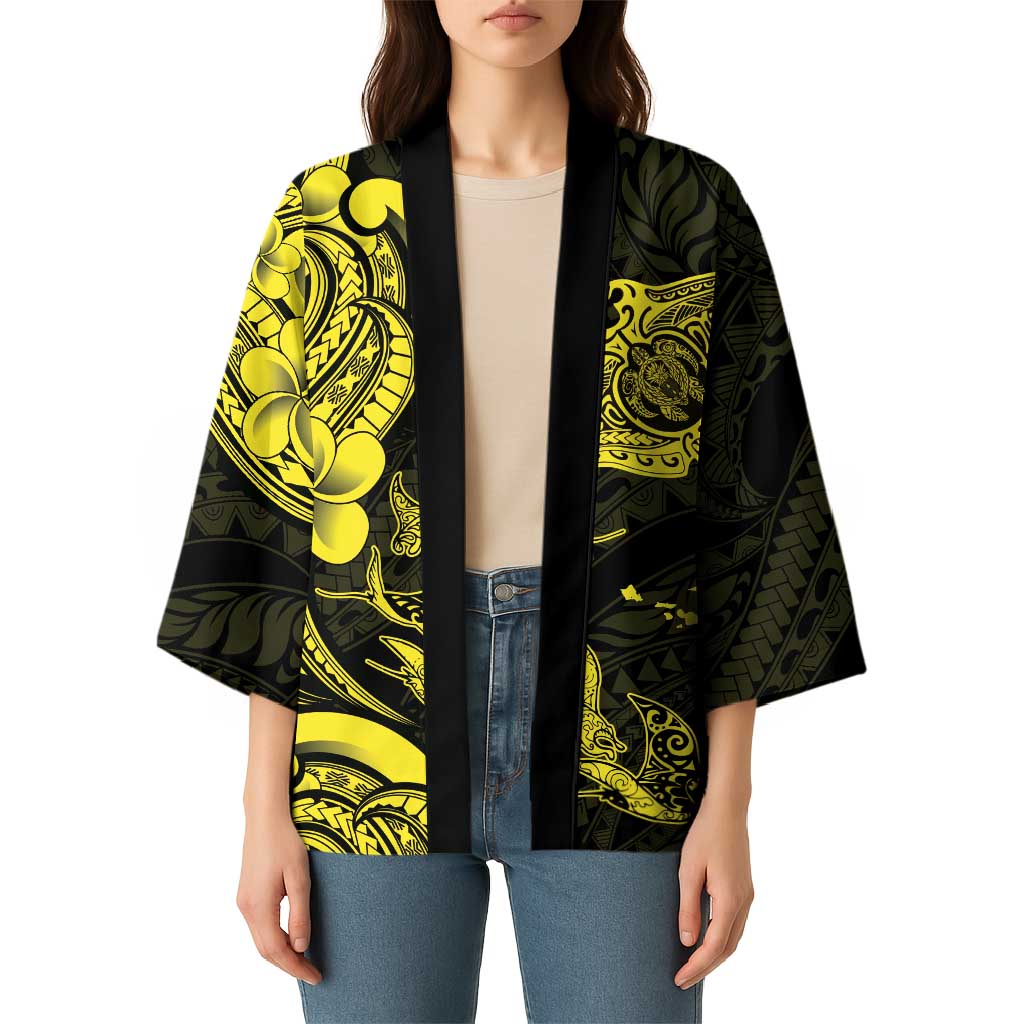 Hawaiian Manta Rays Kimono Tribal Hibiscus Polynesian Tattoos Yellow Color - Polynesian Pride