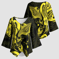 Hawaiian Manta Rays Kimono Sleeve Blouse Tribal Hibiscus Polynesian Tattoos Yellow Color - Polynesian Pride