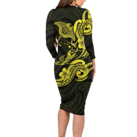 Hawaiian Manta Rays Long Sleeve Bodycon Dress Tribal Hibiscus Polynesian Tattoos Yellow Color - Polynesian Pride