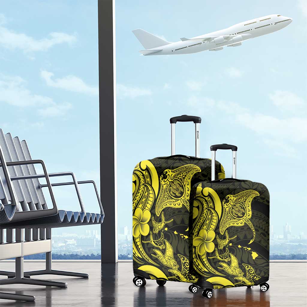Hawaiian Manta Rays Luggage Cover Tribal Hibiscus Polynesian Tattoos Yellow Color - Polynesian Pride