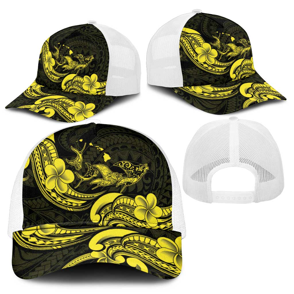 Hawaiian Manta Rays Mesh Trucker Cap Tribal Hibiscus Polynesian Tattoos Yellow Color - Polynesian Pride
