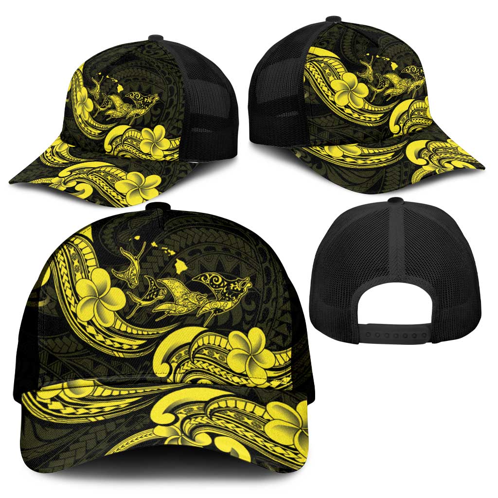 Hawaiian Manta Rays Mesh Trucker Cap Tribal Hibiscus Polynesian Tattoos Yellow Color - Polynesian Pride