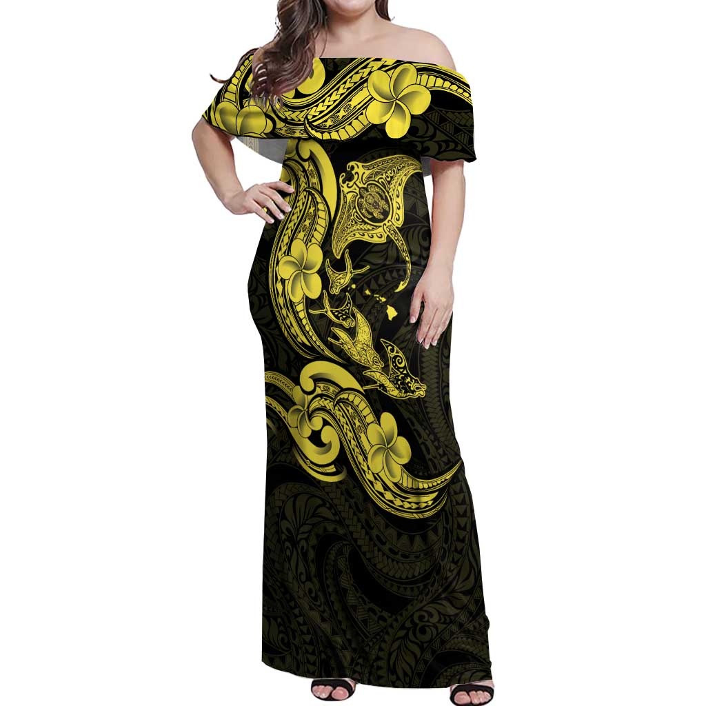 Hawaiian Manta Rays Off Shoulder Maxi Dress Tribal Hibiscus Polynesian Tattoos Yellow Color - Polynesian Pride