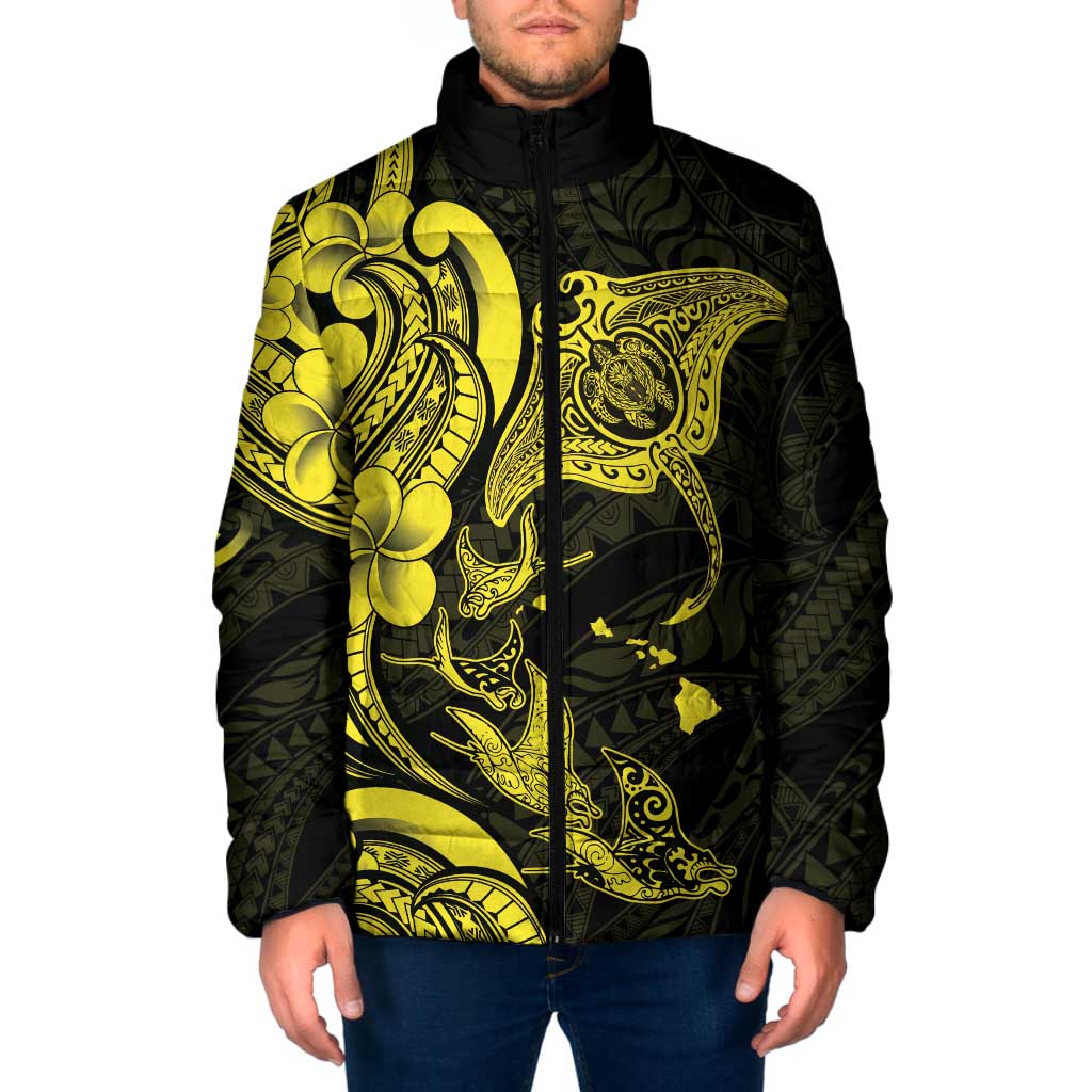 Hawaiian Manta Rays Padded Jacket Tribal Hibiscus Polynesian Tattoos Yellow Color - Polynesian Pride