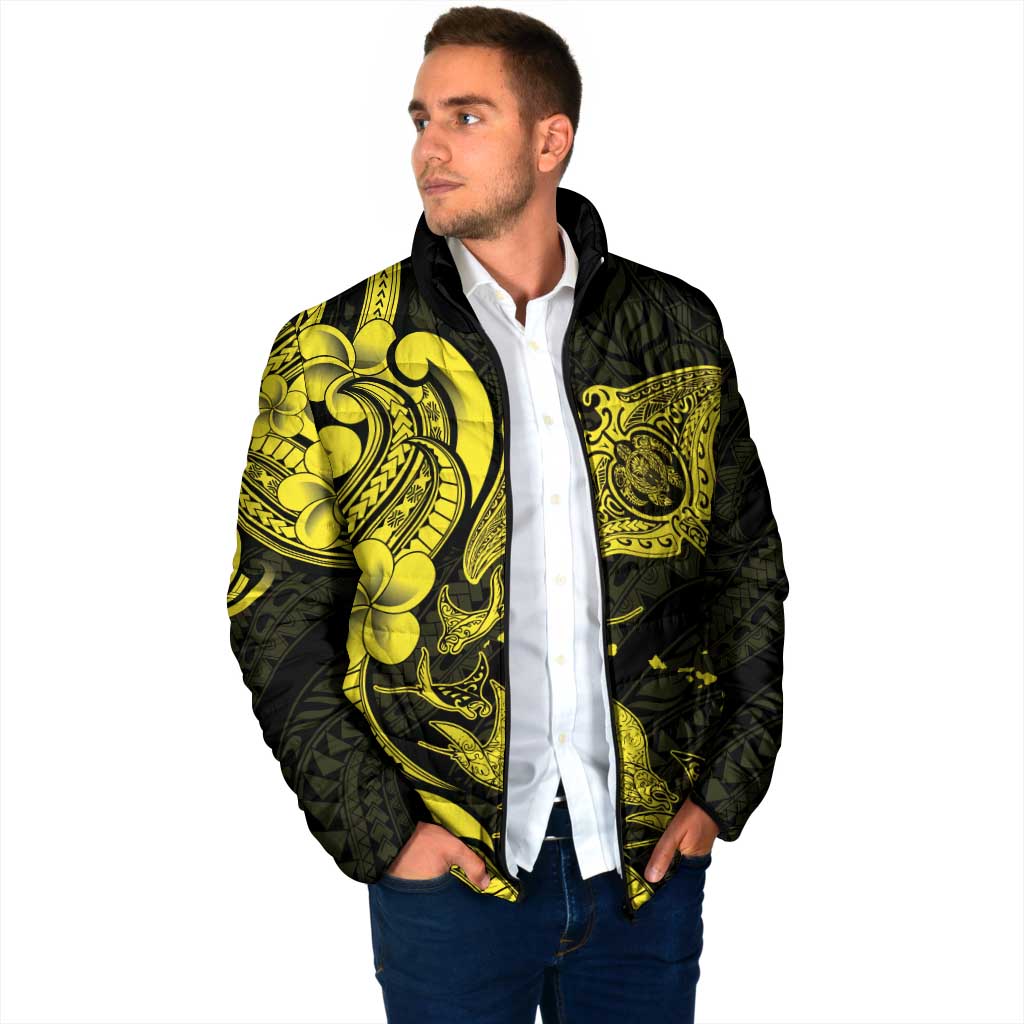 Hawaiian Manta Rays Padded Jacket Tribal Hibiscus Polynesian Tattoos Yellow Color - Polynesian Pride