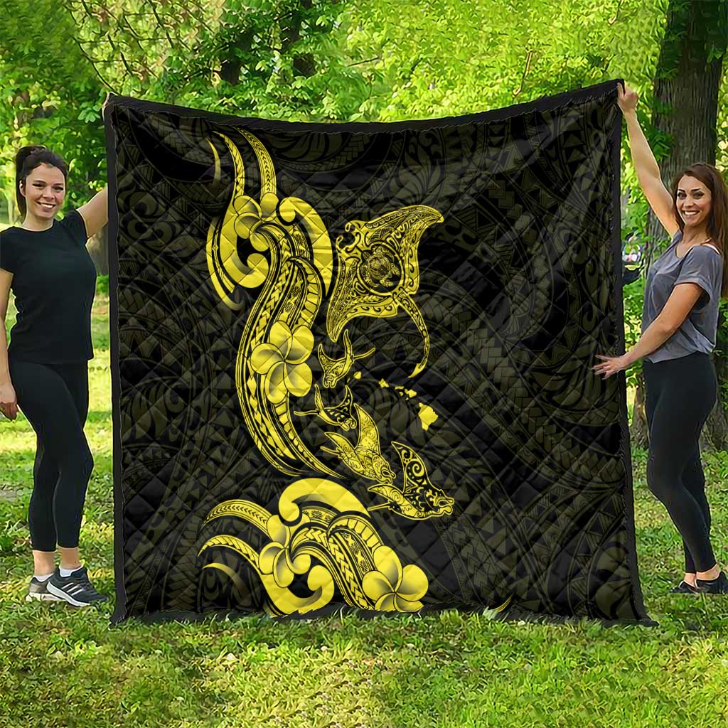 Hawaiian Manta Rays Quilt Tribal Hibiscus Polynesian Tattoos Yellow Color - Polynesian Pride
