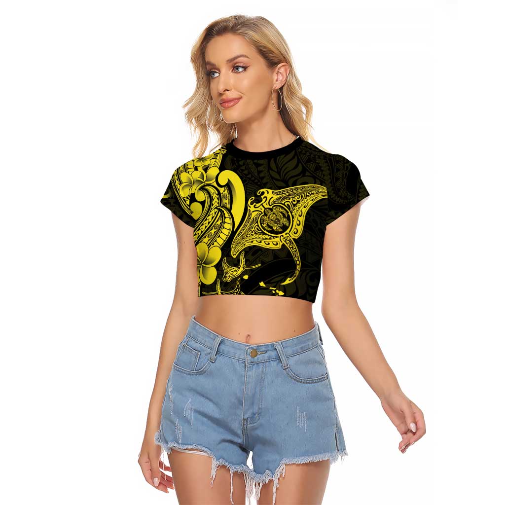 Hawaiian Manta Rays Raglan Cropped T Shirt Tribal Hibiscus Polynesian Tattoos Yellow Color - Polynesian Pride