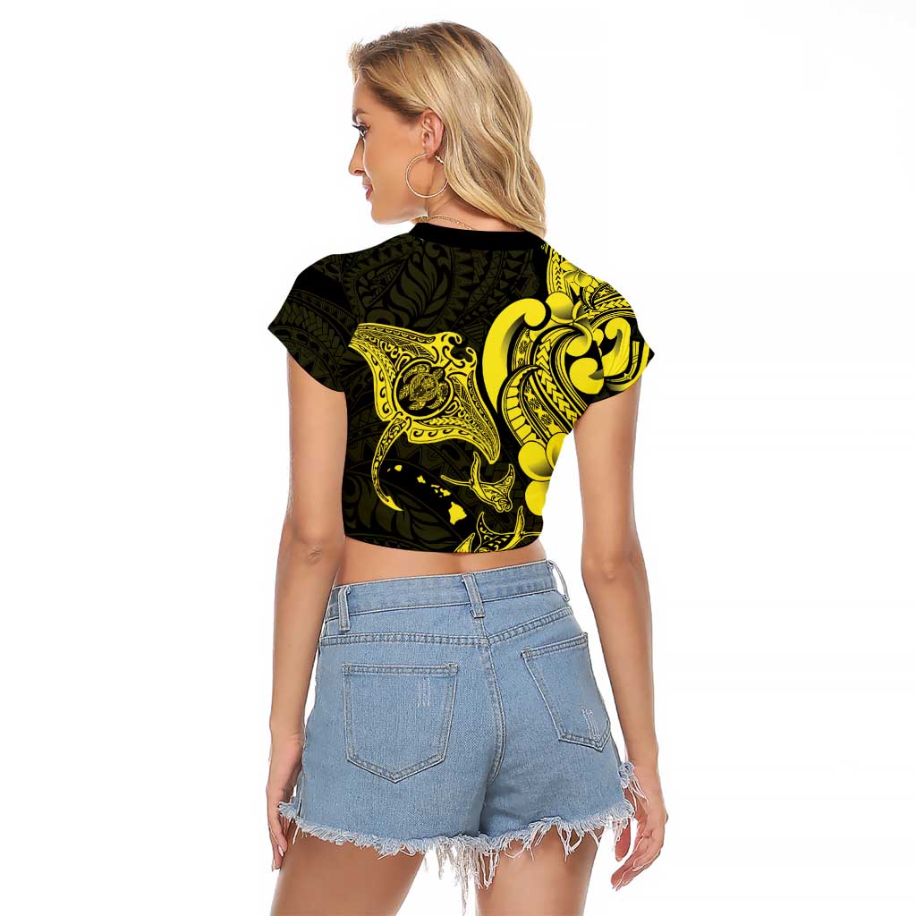 Hawaiian Manta Rays Raglan Cropped T Shirt Tribal Hibiscus Polynesian Tattoos Yellow Color - Polynesian Pride