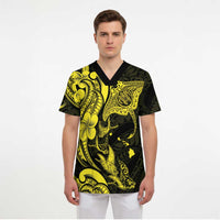 Hawaiian Manta Rays Scrub Top Tribal Hibiscus Polynesian Tattoos Yellow Color - Polynesian Pride