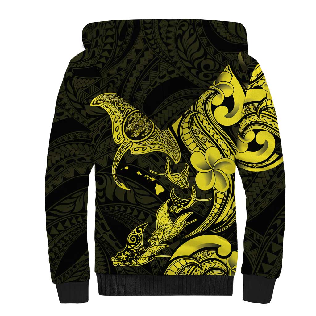 Hawaiian Manta Rays Sherpa Hoodie Tribal Hibiscus Polynesian Tattoos Yellow Color - Polynesian Pride