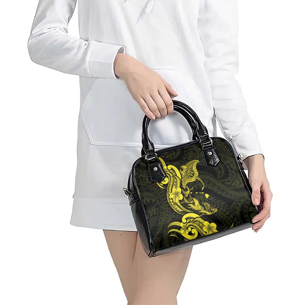 Hawaiian Manta Rays Shoulder Handbag Tribal Hibiscus Polynesian Tattoos Yellow Color - Polynesian Pride