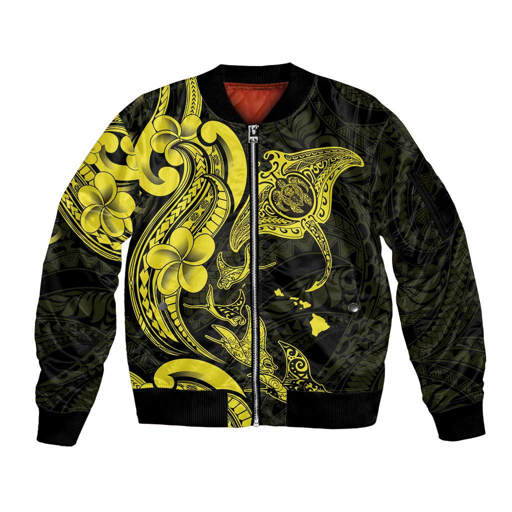 Hawaiian Manta Rays Sleeve Zip Bomber Jacket Tribal Hibiscus Polynesian Tattoos Yellow Color - Polynesian Pride