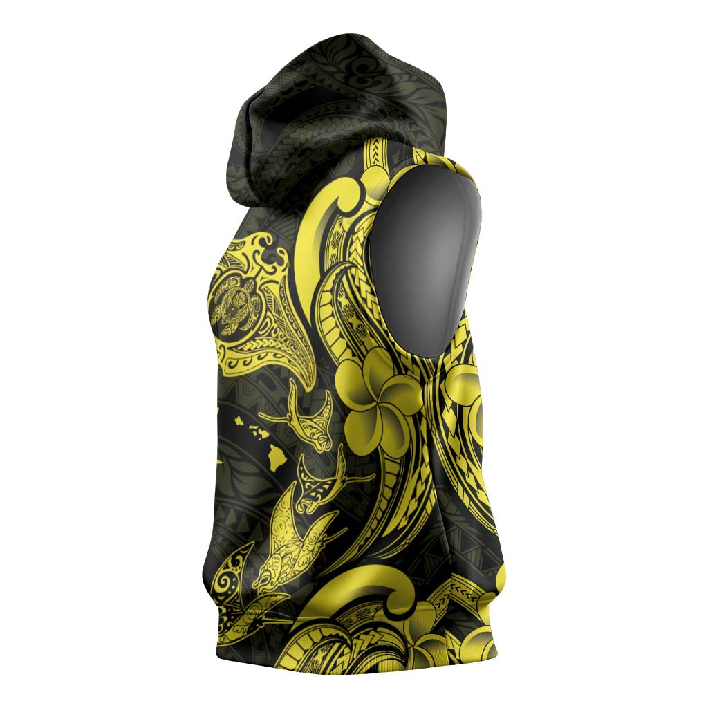 Hawaiian Manta Rays Sleeveless Hoodie Tribal Hibiscus Polynesian Tattoos Yellow Color - Polynesian Pride